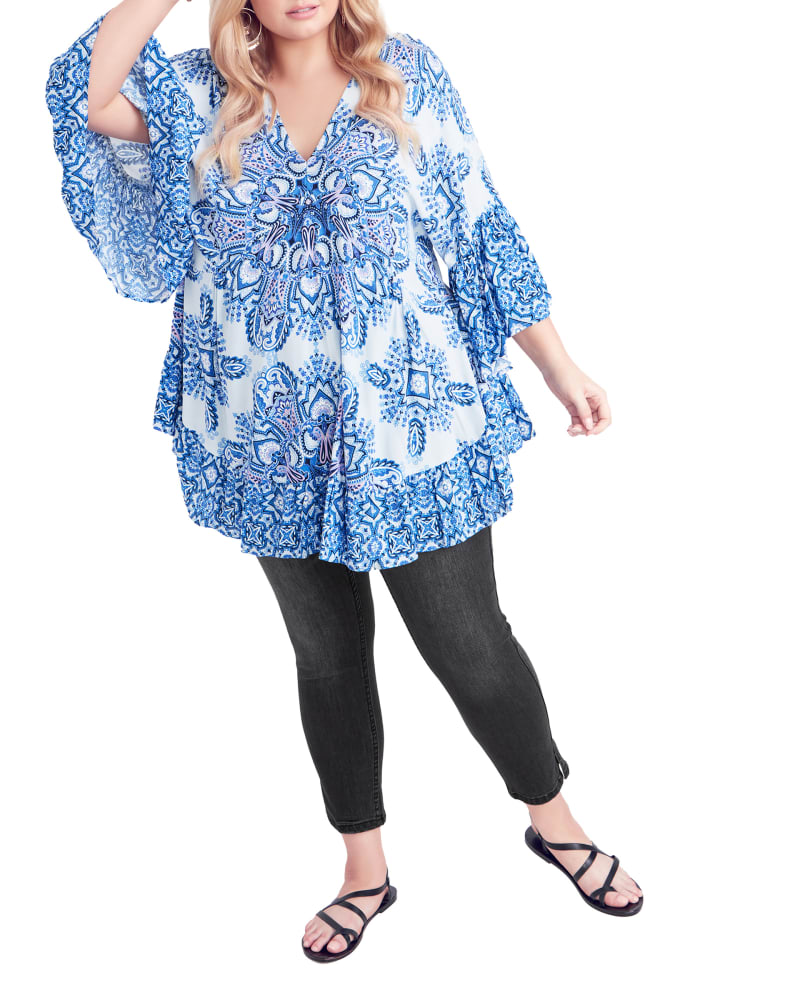 Front of a model wearing a size 14 TUNIC FRANKIE FRILL in Blue Medallion by Aveology. | dia_product_style_image_id:288030